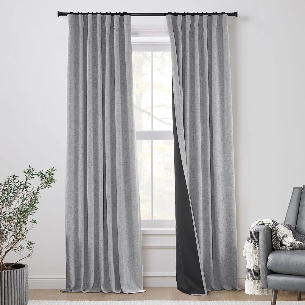 Grey Blackout Curtains 84 Inch Length for Bedroom Living Room 2 Panels Set Back Tab Rod Pocket Hooks Pleated Linen Textured Heavy Thick Sound Proof Curtains for Window Door Doorway Divider,Light Gray image